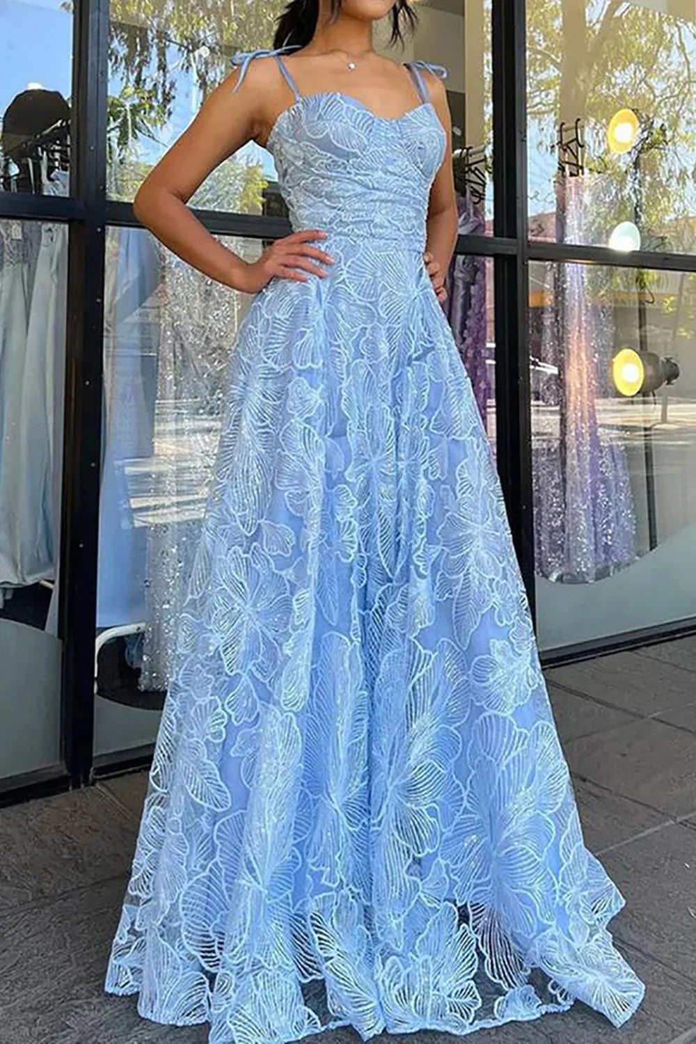 Beautiful A Line Spaghetti Straps Blue Sleeveless Prom Dress with Lace