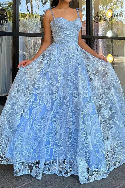 Beautiful A Line Spaghetti Straps Blue Sleeveless Prom Dress with Lace