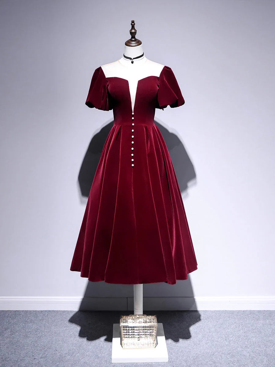 Beautiful A line Velvet V Neck Tea Length Prom Dresses