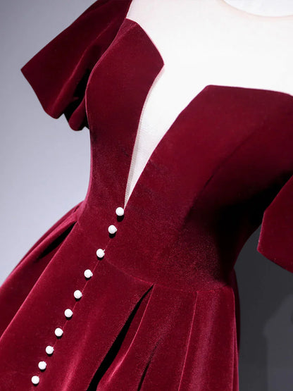 Beautiful A line Velvet V Neck Tea Length Prom Dresses