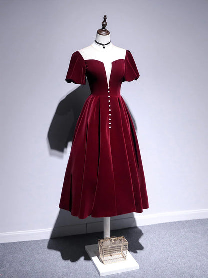 Beautiful A line Velvet V Neck Tea Length Prom Dresses