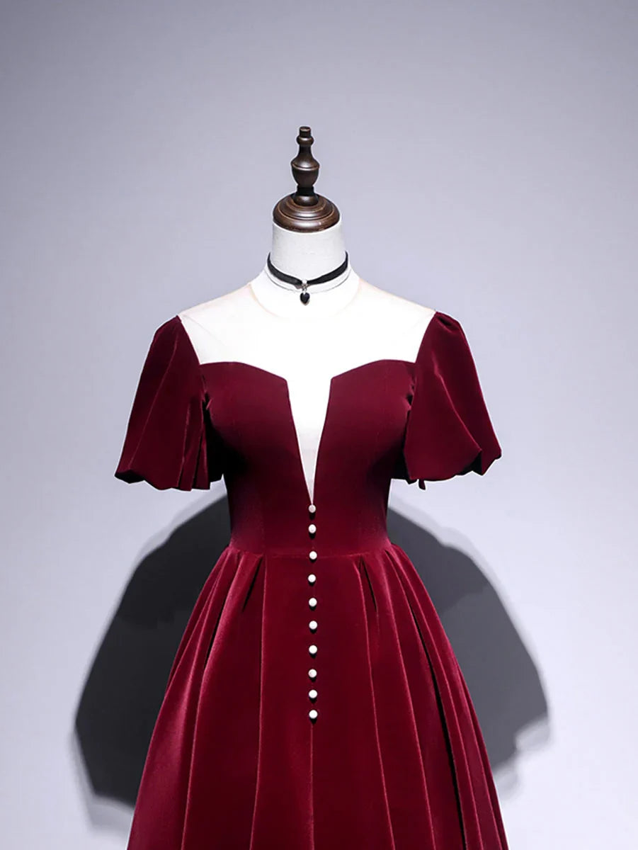 Beautiful A line Velvet V Neck Tea Length Prom Dresses