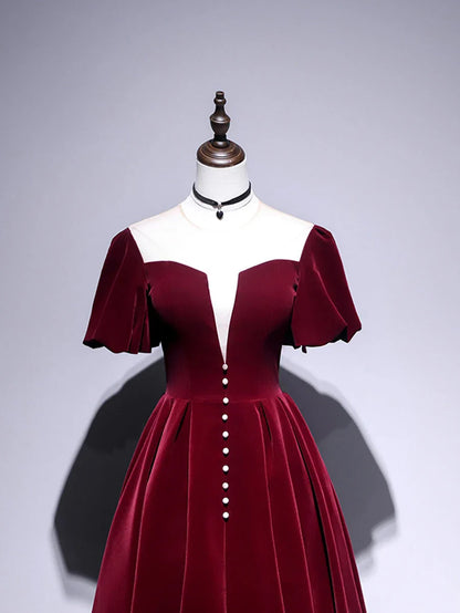 Beautiful A line Velvet V Neck Tea Length Prom Dresses