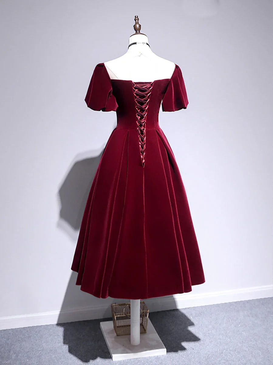 Beautiful A line Velvet V Neck Tea Length Prom Dresses
