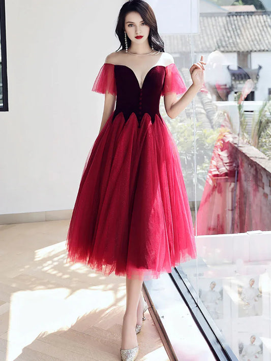 Beautiful A line Velvet Round Neck Tulle Tea Length Prom Dresses With Puffy Sleeves