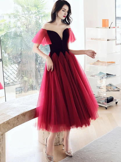 Beautiful A line Velvet Round Neck Tulle Tea Length Prom Dresses With Puffy Sleeves