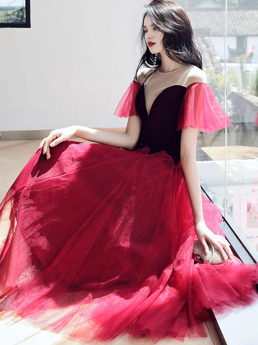 Beautiful A line Velvet Round Neck Tulle Tea Length Prom Dresses With Puffy Sleeves