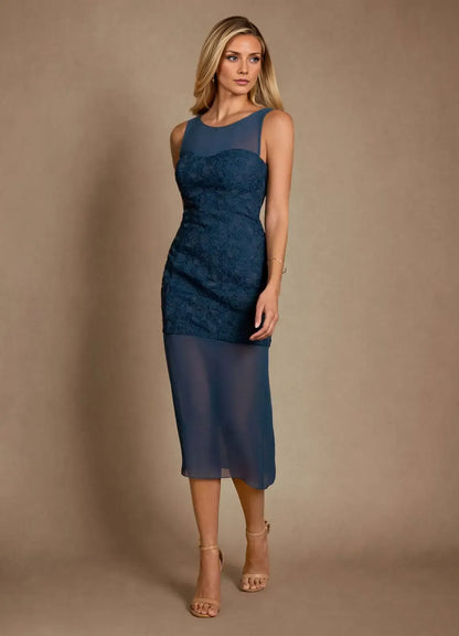 Beautiful Column Scoop Neck Sleeveless Back Zip Midi-Length Mother of the Bride Dress