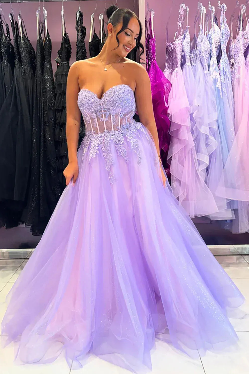 Beautiful Corset Sleeveless A Line Appliques Tulle Long Prom Dress
