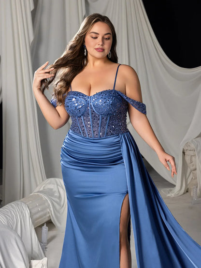 Beautiful Mermaid Off-Shoulder Sleeveless Zipper Up Floor-Length Plus Size Prom Dress