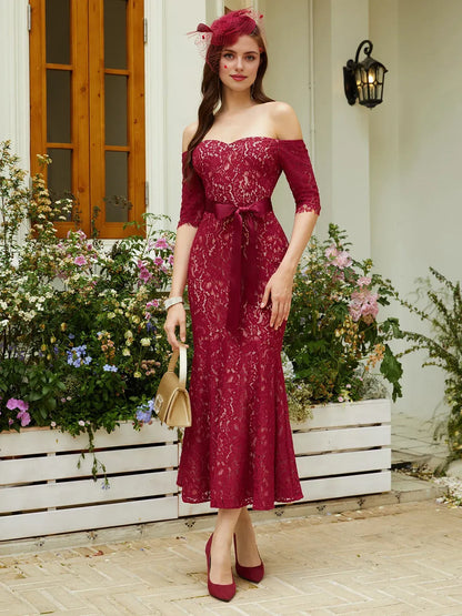 Beautiful Mermaid Off The Shoulder Half Sleeve Backless Ankle-Length Evening Dress