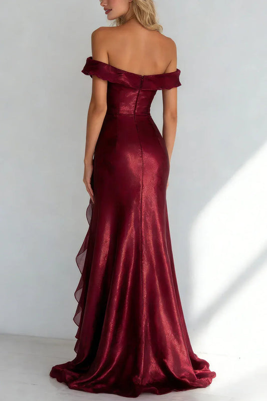 Beautiful Mermaid Off the Shoulder Sleeveless Ruffles Satin Floor-Length Prom Dress