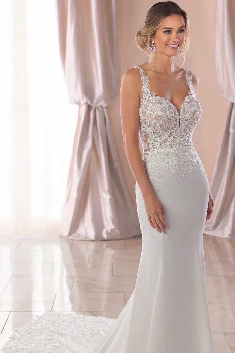 Beautiful Mermaid Spaghetti Straps Sleeveless Appliques Lace Sweep Train Wedding Dress