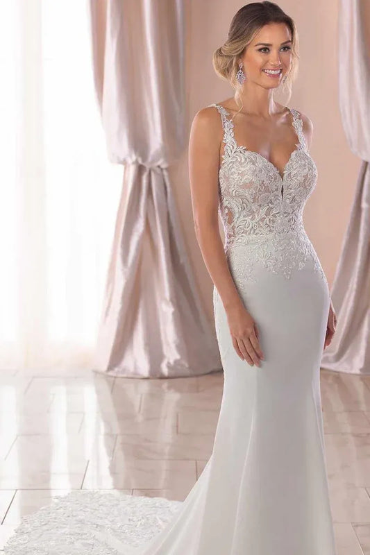Beautiful Mermaid Spaghetti Straps Sleeveless Appliques Lace Sweep Train Wedding Dress