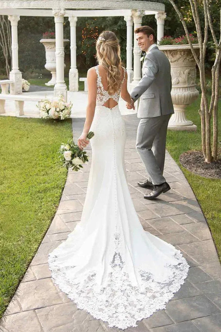 Beautiful Mermaid Spaghetti Straps Sleeveless Appliques Lace Sweep Train Wedding Dress