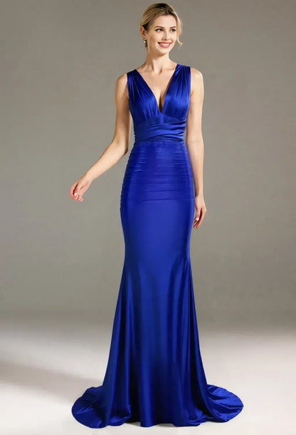 Beautiful Mermaid V Neck Sleeveless Backless Satin Floor Length Prom Dress