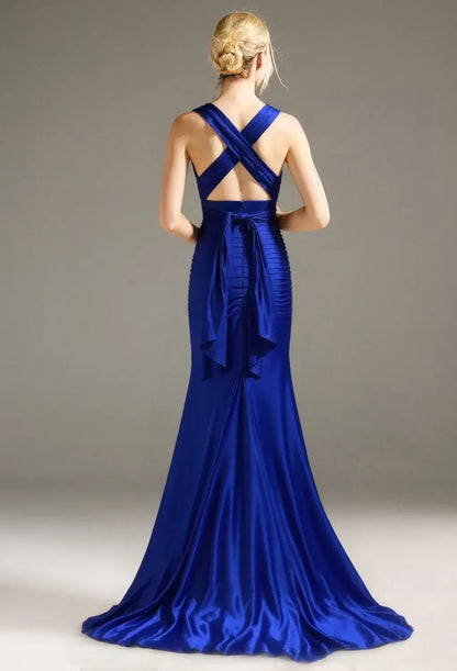 Beautiful Mermaid V Neck Sleeveless Backless Satin Floor Length Prom Dress