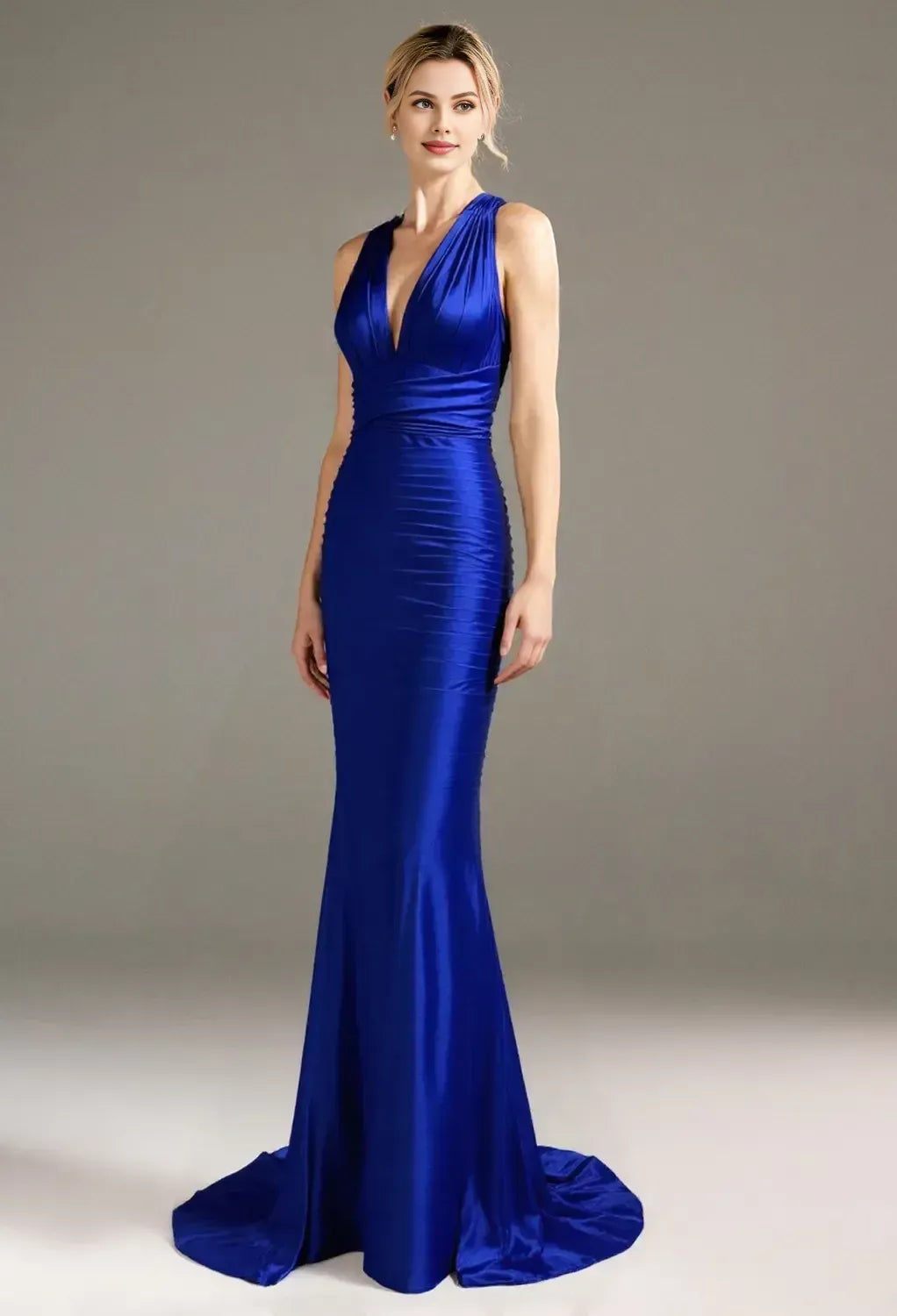 Beautiful Mermaid V Neck Sleeveless Backless Satin Floor Length Prom Dress