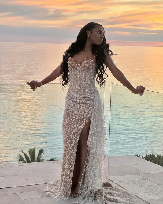 Beautiful Sheath Off the Shoulder Sleeveless Pleated Beaded Sweep Train Prom Dress
