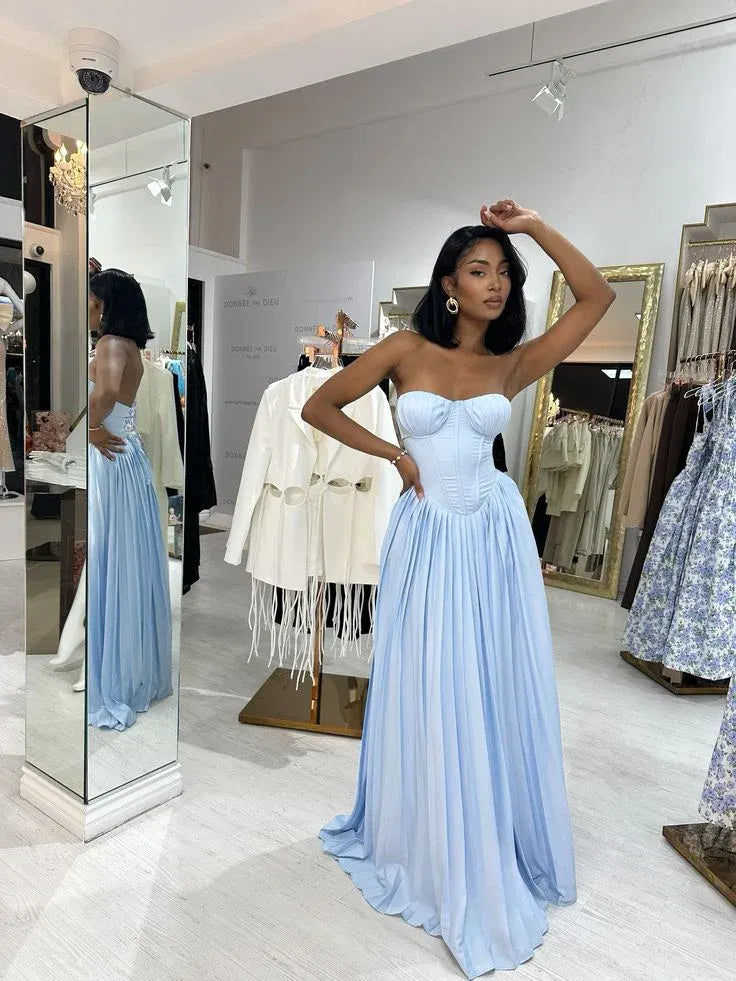 Beautiful Strapless Sleeveless A Line Pleated Satin Floor-Length Party Dress
