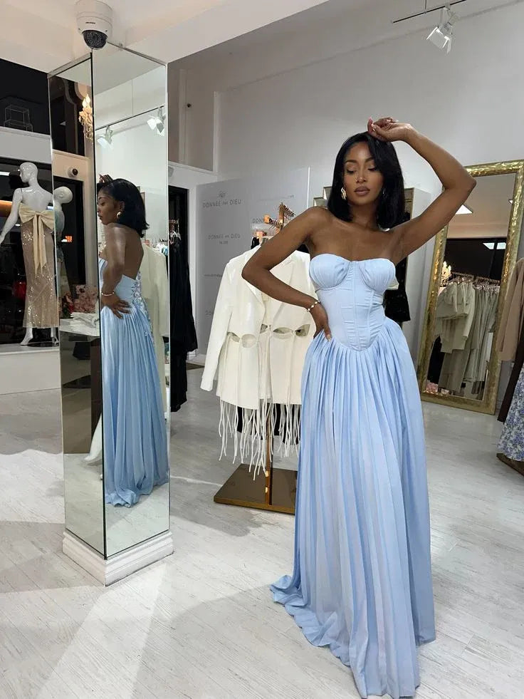 Beautiful Strapless Sleeveless A Line Pleated Satin Floor-Length Party Dress