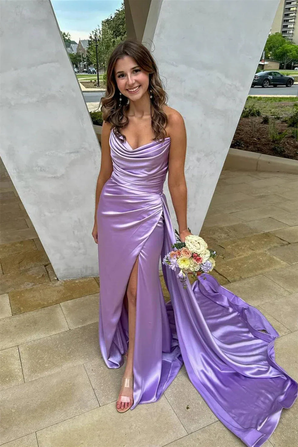 Beautiful V Neck Sleeveless Fitted Pleated Satin Long Prom Dress
