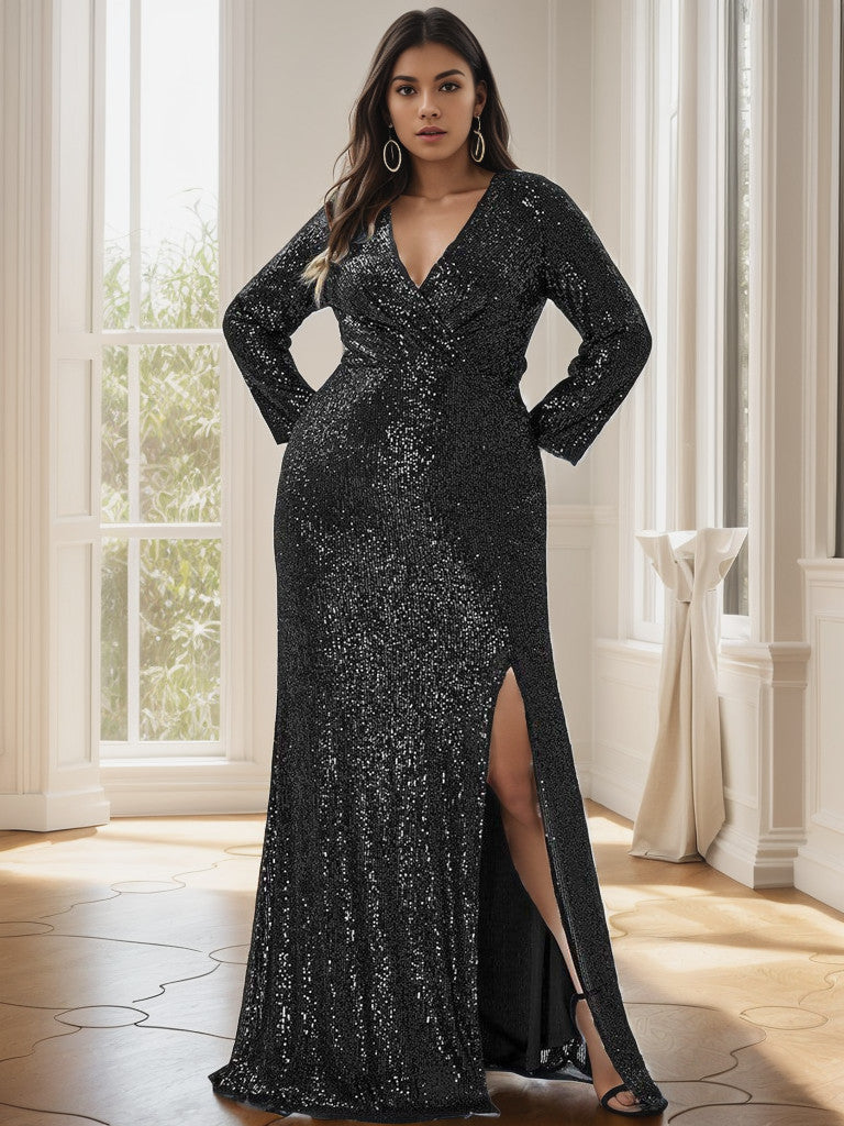 Plus Size Sexy Deep V-Neck Sequin Bodice Formal Evening Gowns