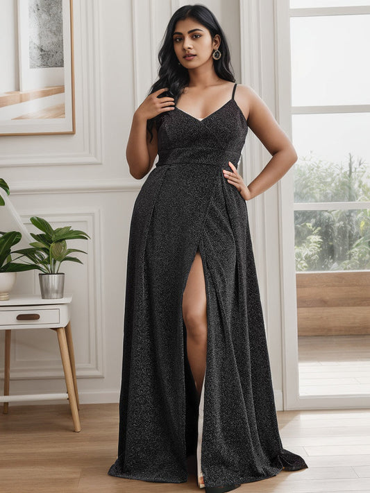 Plus Size Spaghetti Strap Shiny Formal Evening Dress for Wedding