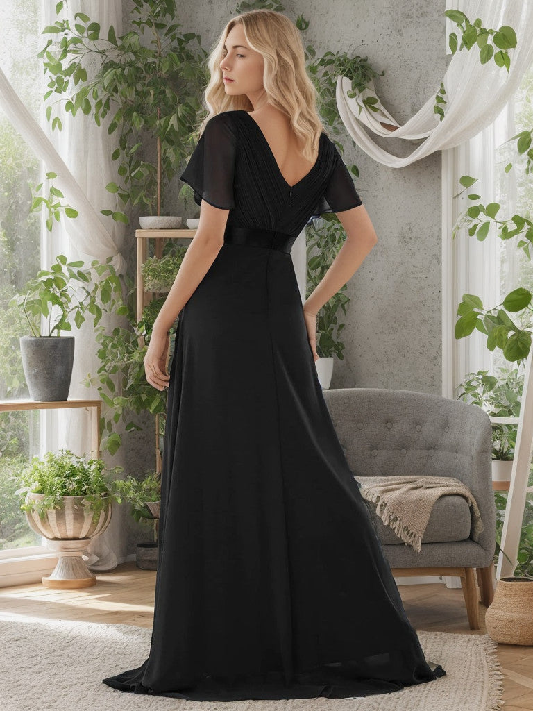 Long Chiffon Empire Waist Bridesmaid Dress with Short Flutter Sleeves