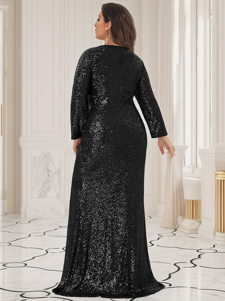 Plus Size Sexy Deep V-Neck Sequin Bodice Formal Evening Gowns