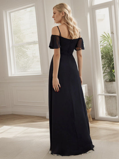Chiffon Off-The-Shoulder Side Slit Bridesmaid Dress with sleeves
