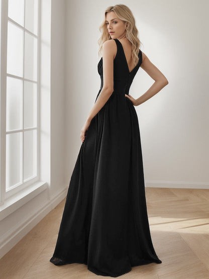 Sleeveless V-Neck Empire Waist High Slit Floor-Length Evening Dress