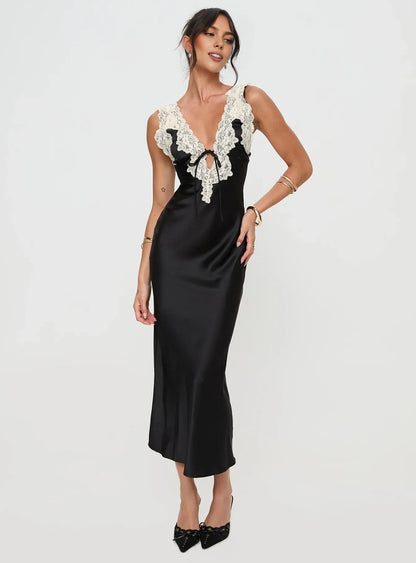 Satin Lace Trimmed V Neck Backless Midi Dress Affordable Black Lace Prom Dresses