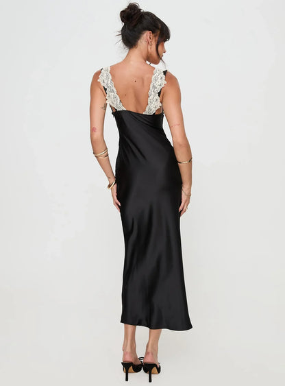 Satin Lace Trimmed V Neck Backless Midi Dress Affordable Black Lace Prom Dresses