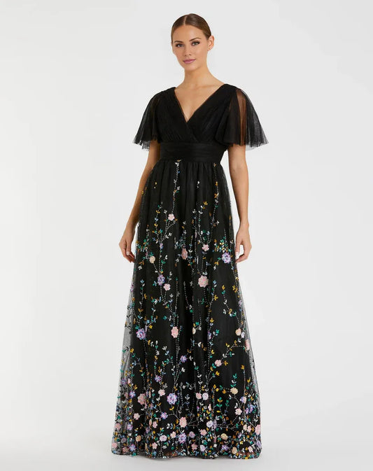 Dress Black Embroidered Butterfly Sleeve Empire Waist Dress Maxi Dress Evening Dress A-Line Short Butterfly Sleeve Prom Dress