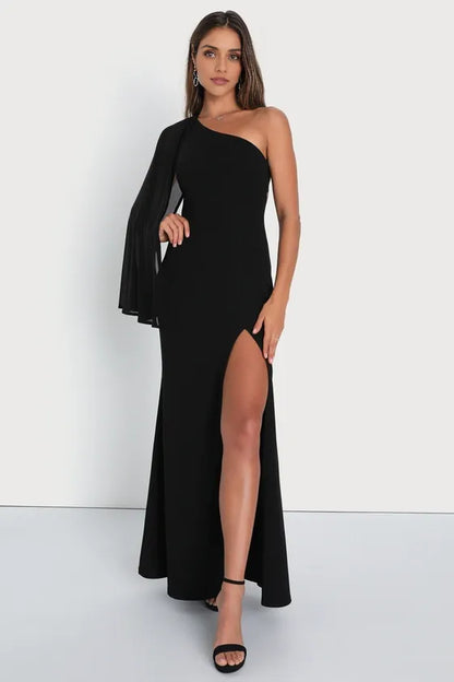 Formal Women's Dresses Majestic Black Cape Sleeve One-shoulder Maxi Dress Prom Dress Shops