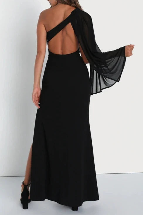 Formal Women's Dresses Majestic Black Cape Sleeve One-shoulder Maxi Dress Prom Dress Shops