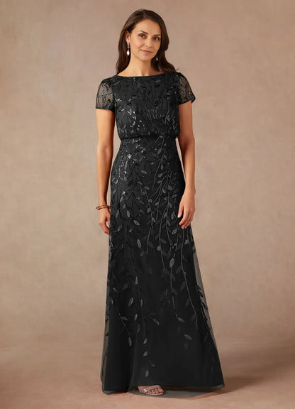 Dress Dark Navy A-Line Sequins Maxi Dress Elegant Boat Neck Short Sleeves Back Zip Mother of the Bride Dress