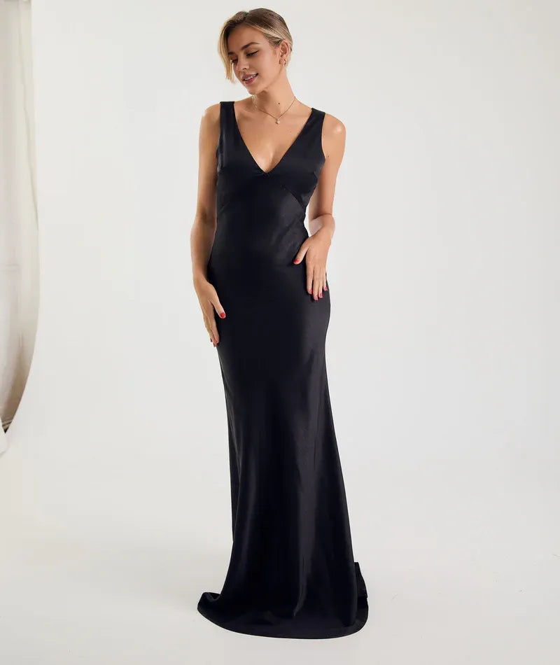 Dress Fashion Twist Back Satin Bridesmaid Dress Maxi Dress Solid Color Champagne Deep V Neck Column Prom Dress