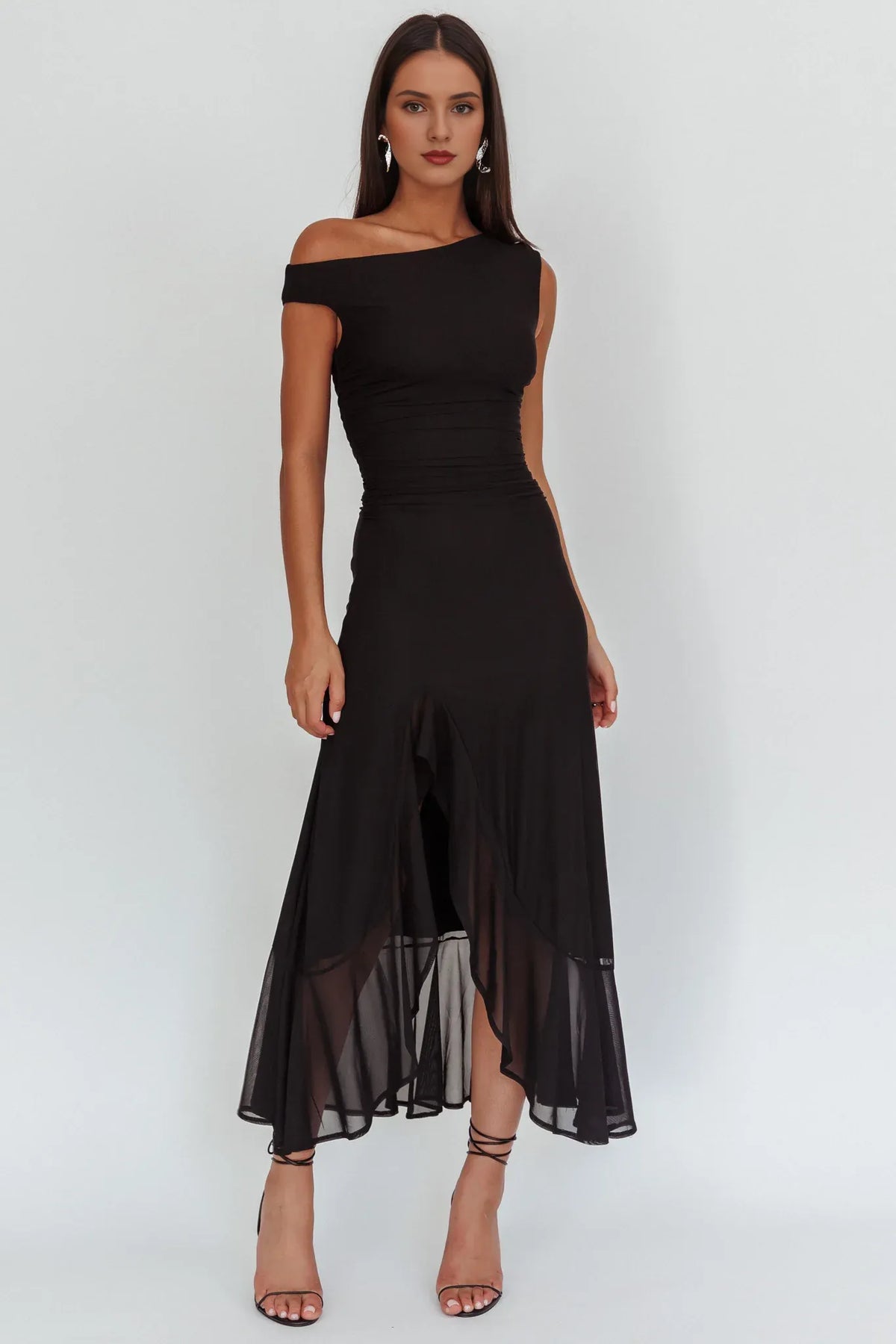 Dress Light Green Off Shoulder Maxi Dress with Ruched Bodice and Asymmetric Sheer Slit Prom Dress