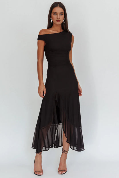 Dress Light Green Off Shoulder Maxi Dress with Ruched Bodice and Asymmetric Sheer Slit Prom Dress