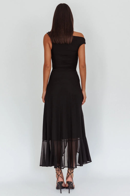 Dress Light Green Off Shoulder Maxi Dress with Ruched Bodice and Asymmetric Sheer Slit Prom Dress