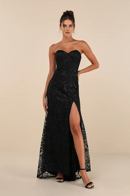Formal Women's Dresses Romantic Beauty Black Floral Embroidered Strapless Slit Maxi Dress Prom Dress Stores