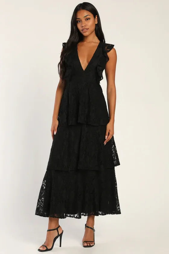 Formal Women's Dresses Deep V Neck Black Lace Ruffled Tiered Sleeveless Maxi Dress Prom Dress Stores