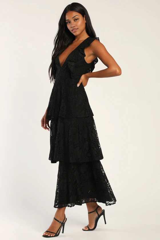 Formal Women's Dresses Deep V Neck Black Lace Ruffled Tiered Sleeveless Maxi Dress Prom Dress Stores