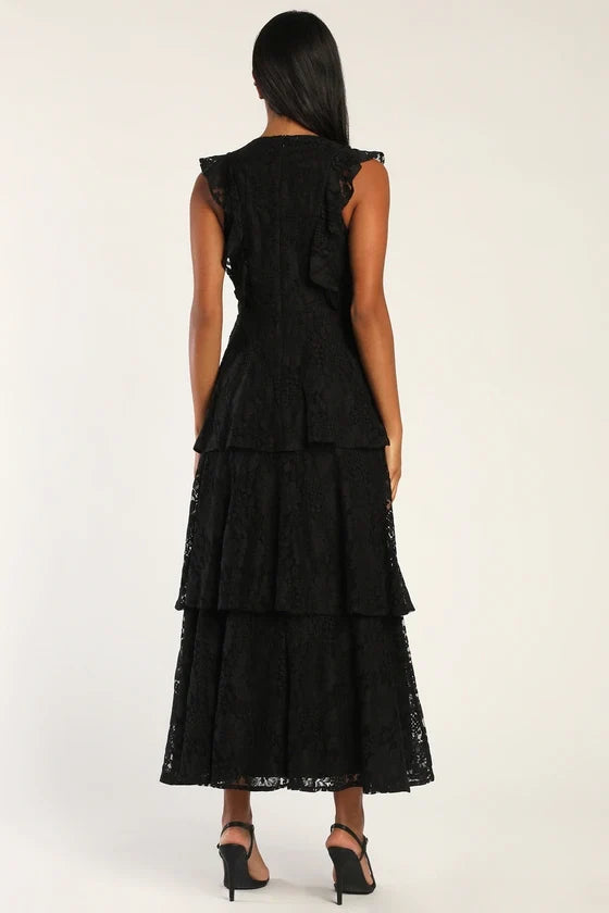 Formal Women's Dresses Deep V Neck Black Lace Ruffled Tiered Sleeveless Maxi Dress Prom Dress Stores