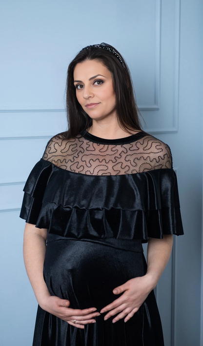 Black Lace and Velvet A Line Sweet Train and Off the Shoulder Ruffles Unique Mother of the Bride Dress Party Prom Evening Dress