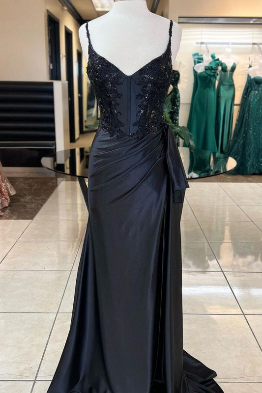 Mermaid Spaghetti Straps Long Satin Prom Dress with Sequin