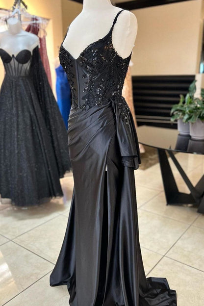 Mermaid Spaghetti Straps Long Satin Prom Dress with Sequin