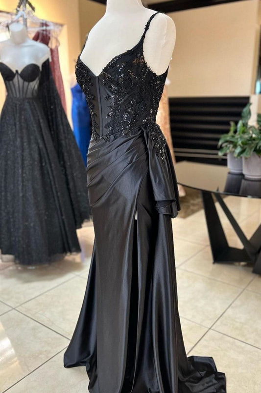 Mermaid Spaghetti Straps Long Satin Prom Dress with Sequin